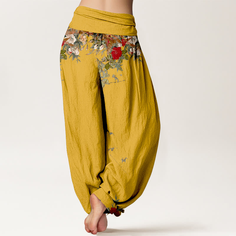 Buddha Stones純綿 カラフル 花 葉柄 レディース 伸縮性ウエスト ハーレムパンツ - image 1