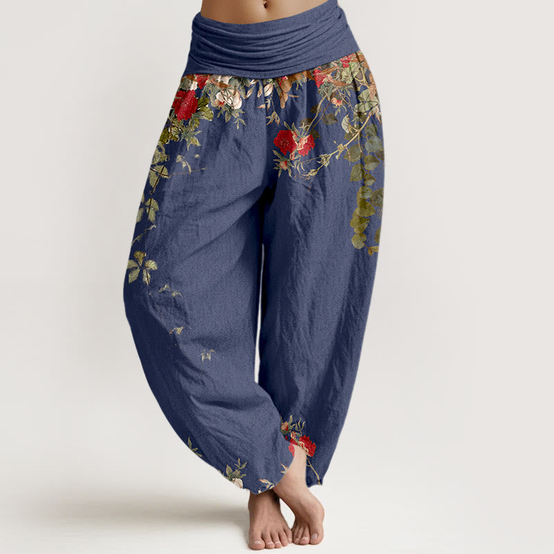 Buddha Stones純綿 カラフル 花 葉柄 レディース 伸縮性ウエスト ハーレムパンツ - ダークスレートブルー - US16、 UK/AU20、 EU48 (3XL) - image 5