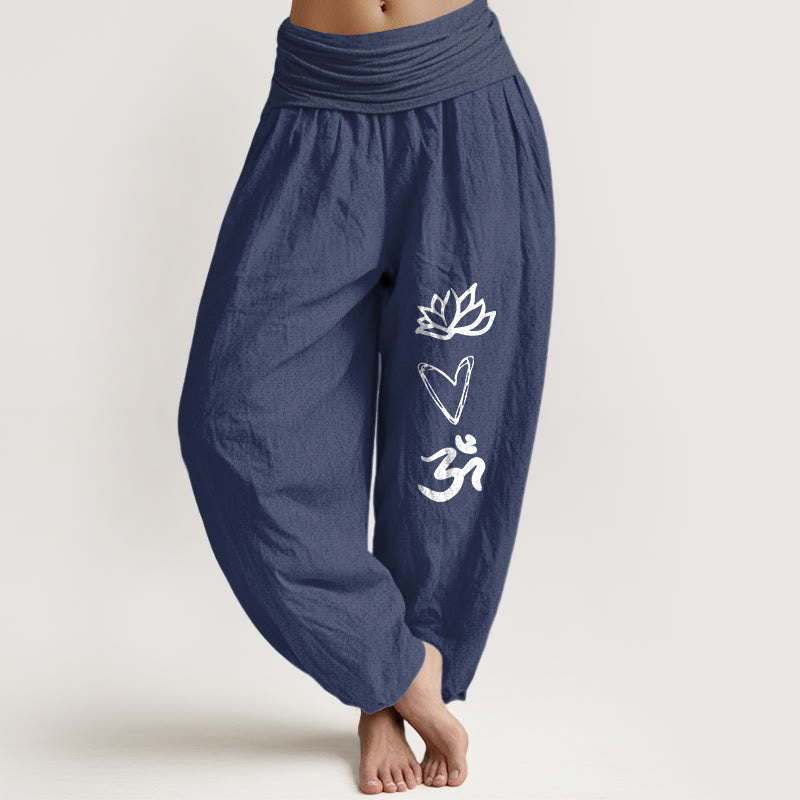Buddha Stonesピュアコットン ロータス ハートシェイプ オムシンボル柄 レディース 伸縮性ウエスト ハーレムパンツ - ダークスレートブルー - US16、 UK/AU20、 EU48 (3XL) - image 0
