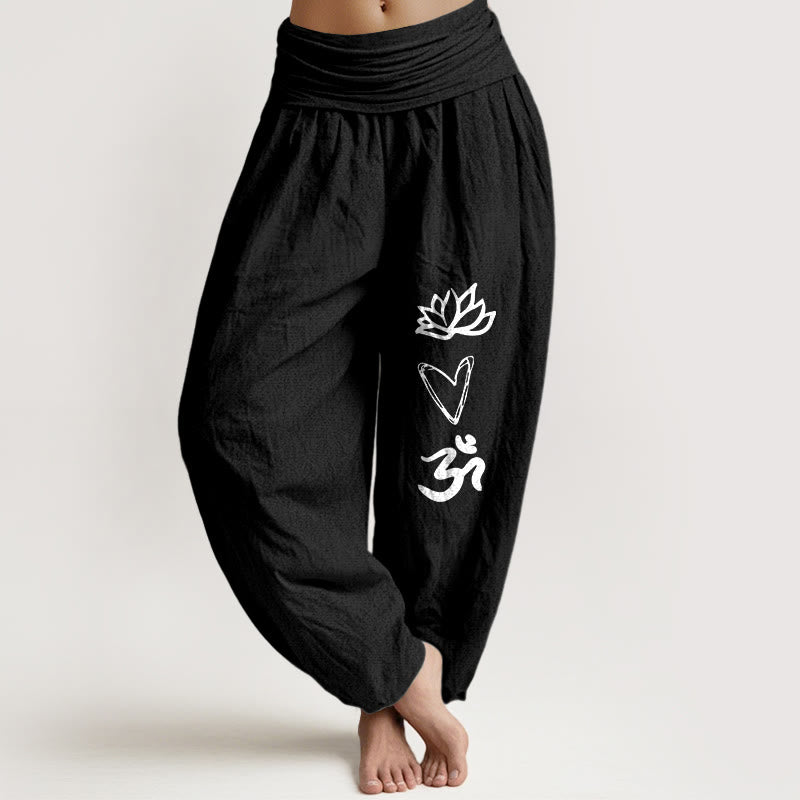 Buddha Stonesピュアコットン ロータス ハートシェイプ オムシンボル柄 レディース 伸縮性ウエスト ハーレムパンツ - 黒 - US16、 UK/AU20、 EU48 (3XL) - image 5