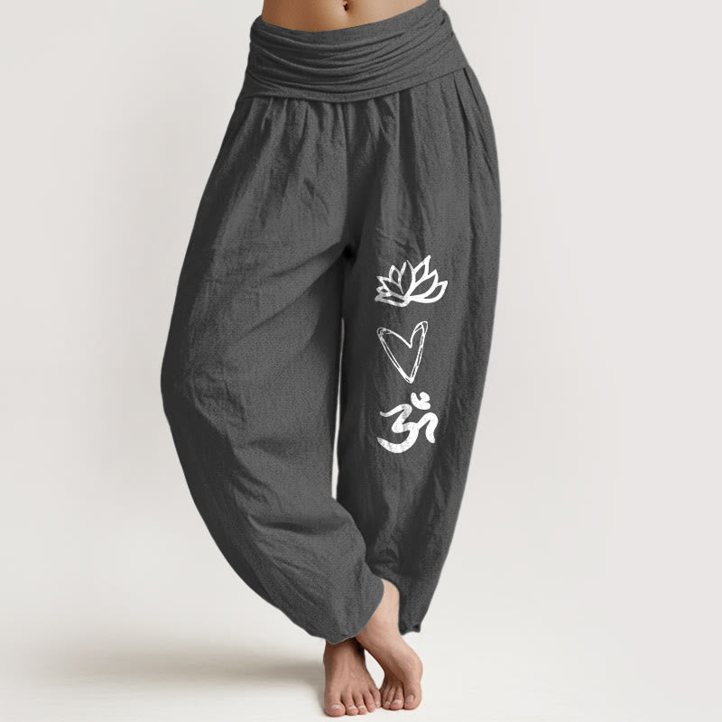 Buddha Stonesピュアコットン ロータス ハートシェイプ オムシンボル柄 レディース 伸縮性ウエスト ハーレムパンツ - 薄暗い灰色 - US16、 UK/AU20、 EU48 (3XL) - image 8