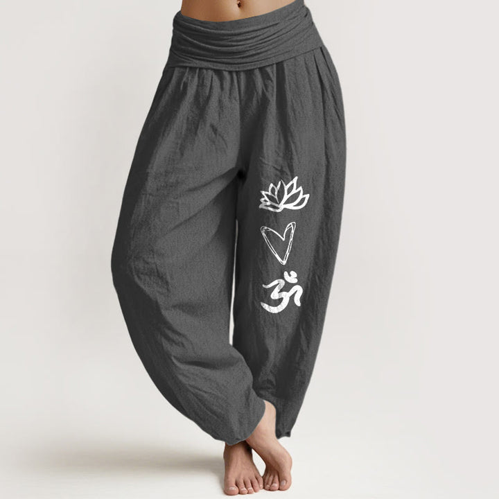 Buddha Stonesピュアコットン ロータス ハートシェイプ オムシンボル柄 レディース 伸縮性ウエスト ハーレムパンツ - 薄暗い灰色 - US16、 UK/AU20、 EU48 (3XL) - image 8