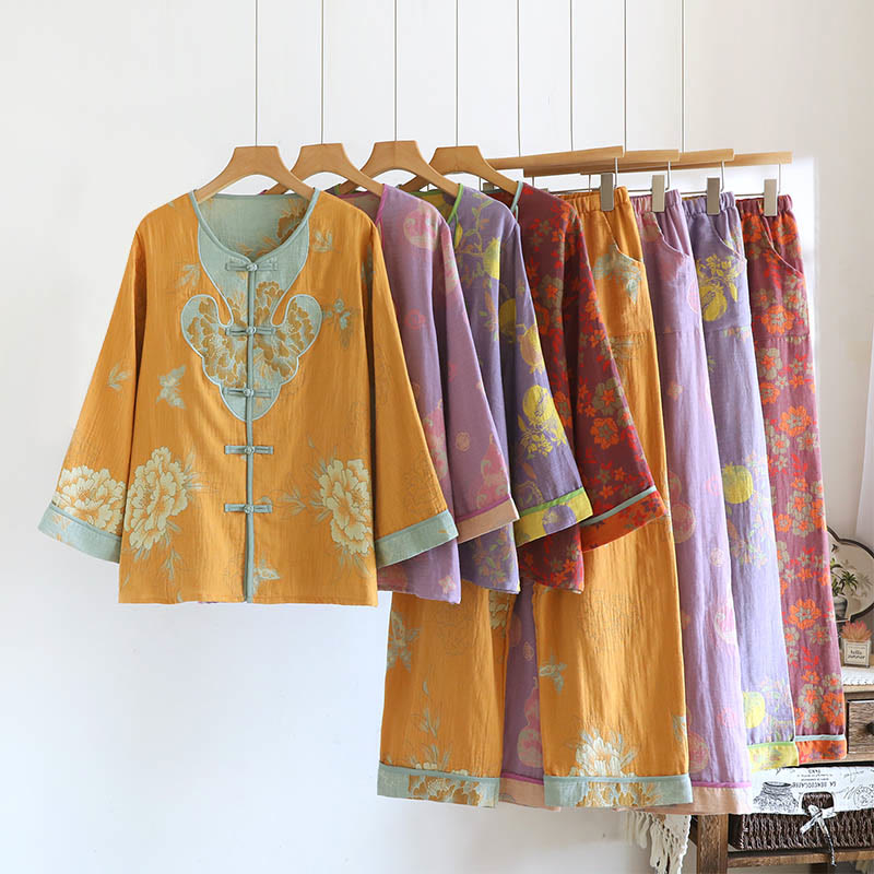 Buddha Stones 2点 カエルボタンプリント 長袖カーディガン シャツ パンツ ポケット付き コットン セット  - image 24