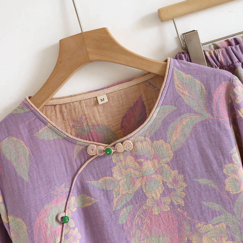 Buddha Stones 2点 花柄 長袖 クルーネック ボタンシャツ パンツ ポケット付き コットン セット  - image 9