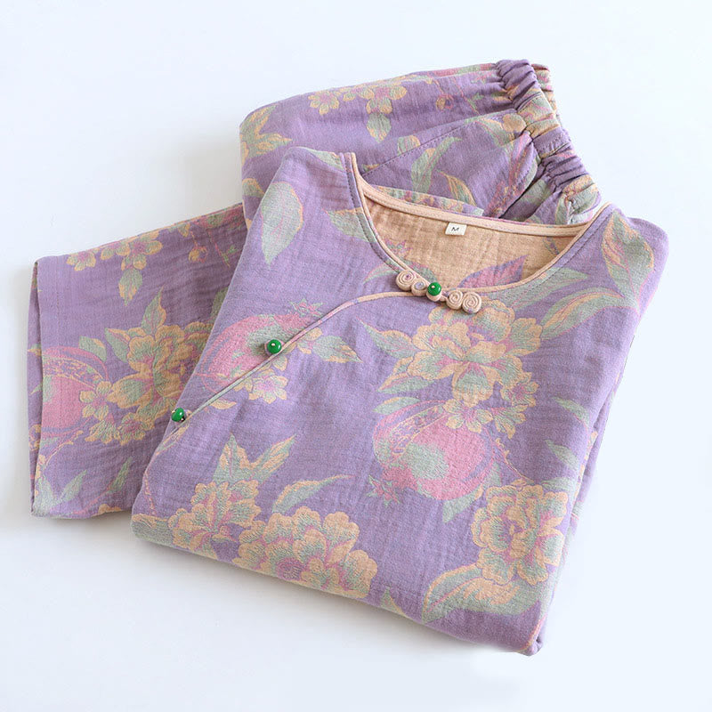 Buddha Stones 2点 花柄 長袖 クルーネック ボタンシャツ パンツ ポケット付き コットン セット  - image 8