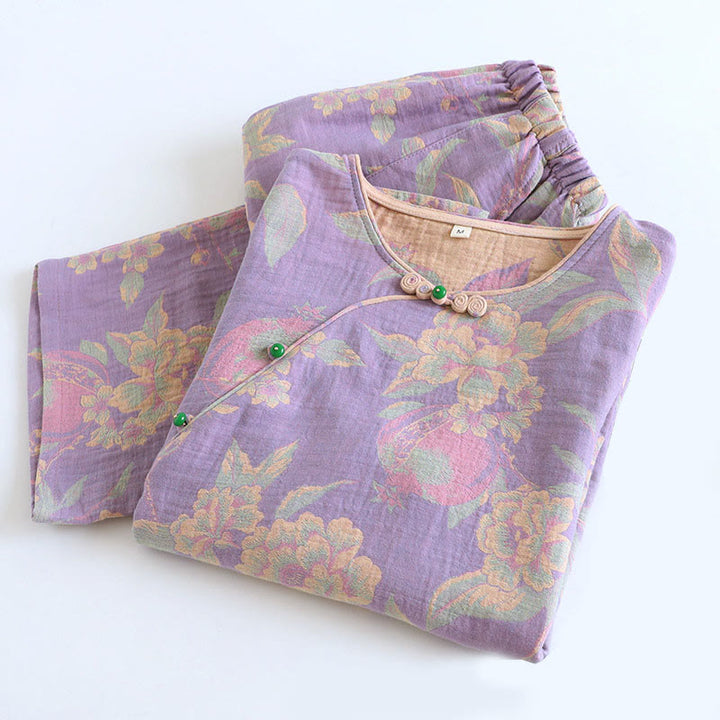 Buddha Stones 2点 花柄 長袖 クルーネック ボタンシャツ パンツ ポケット付き コットン セット  - image 8