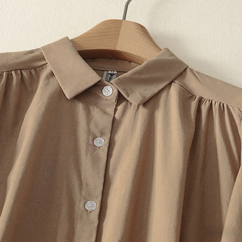 Buddha Stones秋冬 無地 ラペルボタン 長袖 コットン ミディドレス ポケット付き - image 12