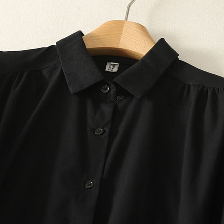 Buddha Stones秋冬 無地 ラペルボタン 長袖 コットン ミディドレス ポケット付き - image 22