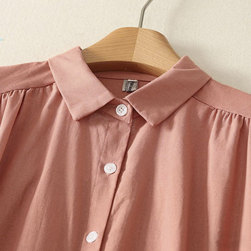 Buddha Stones秋冬 無地 ラペルボタン 長袖 コットン ミディドレス ポケット付き - image 3