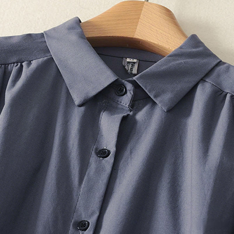 Buddha Stones秋冬 無地 ラペルボタン 長袖 コットン ミディドレス ポケット付き - image 17