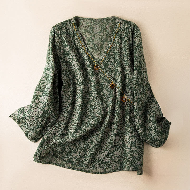 Buddha Stones春 Vネック プリント 花柄 レディース 長袖シャツ - シーグリーン - US8-10，UK/AU12-14，EU40-42 (2XL) - image 7