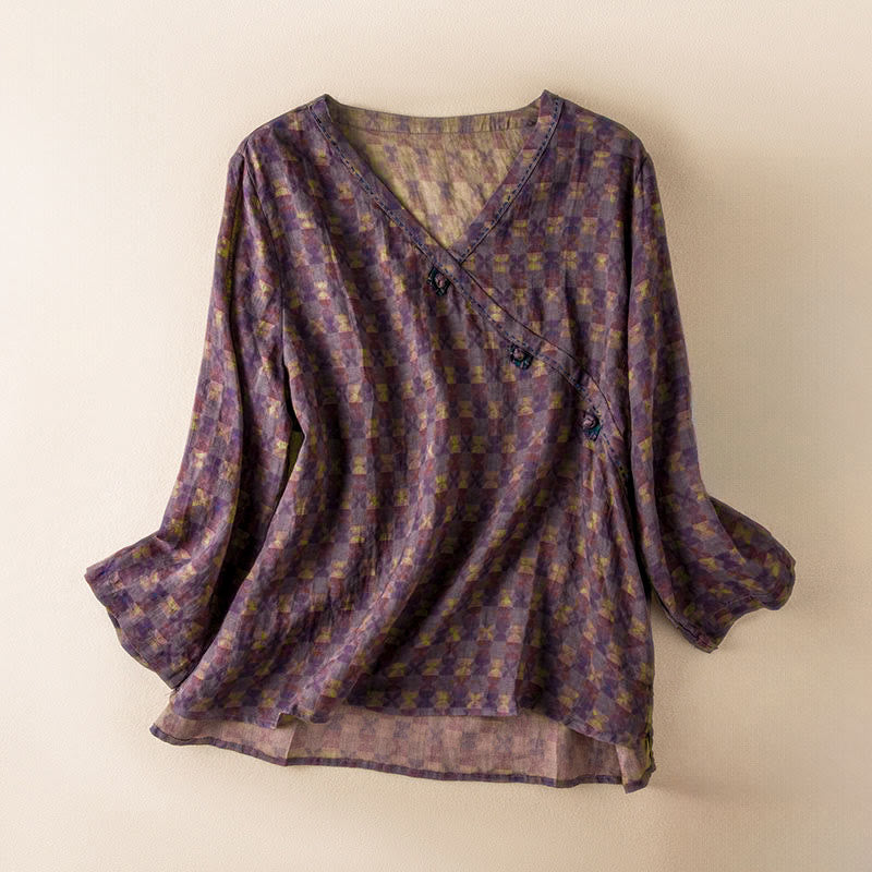 Buddha Stones春 Vネック プリント 花柄 レディース 長袖シャツ - ダークマゼンタ - US8-10，UK/AU12-14，EU40-42 (2XL) - image 0