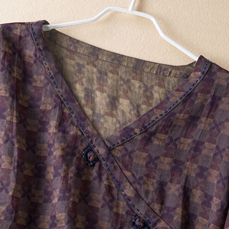 Buddha Stones春 Vネック プリント 花柄 レディース 長袖シャツ - image 1