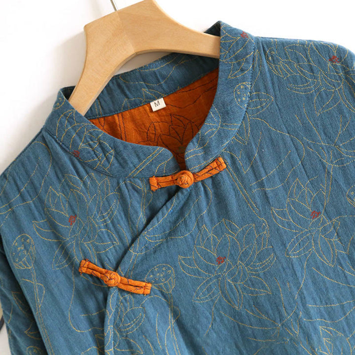 Buddha Stonesジャカードフラワー柄 カエルボタン スタンドカラー ロングスリーブ コットン ミディドレス - image 4