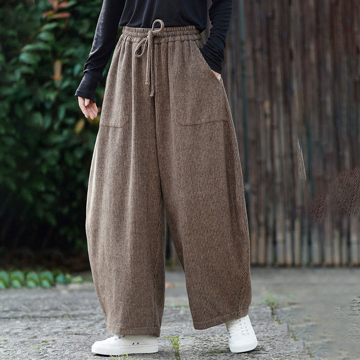 Buddha Stones冬 メンズ 純色 ドローストリングデザイン コットン ハイウエスト パンツ ポケット付き - image 2