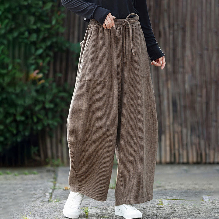 Buddha Stones冬 メンズ 純色 ドローストリングデザイン コットン ハイウエスト パンツ ポケット付き - image 4