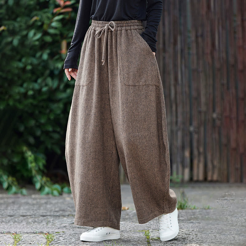 Buddha Stones冬 メンズ 純色 ドローストリングデザイン コットン ハイウエスト パンツ ポケット付き - image 3