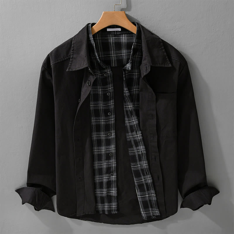 Buddha Stones春チェック柄フェイクツーピース長袖メンズコットンジャケットポケット付き - 黒 - US/UK/AU42、 EU52 (3XL) - image 0