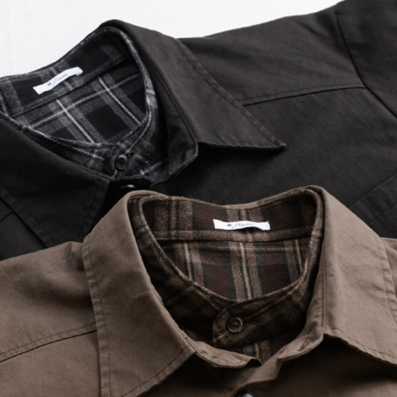 Buddha Stones春チェック柄フェイクツーピース長袖メンズコットンジャケットポケット付き - image 23