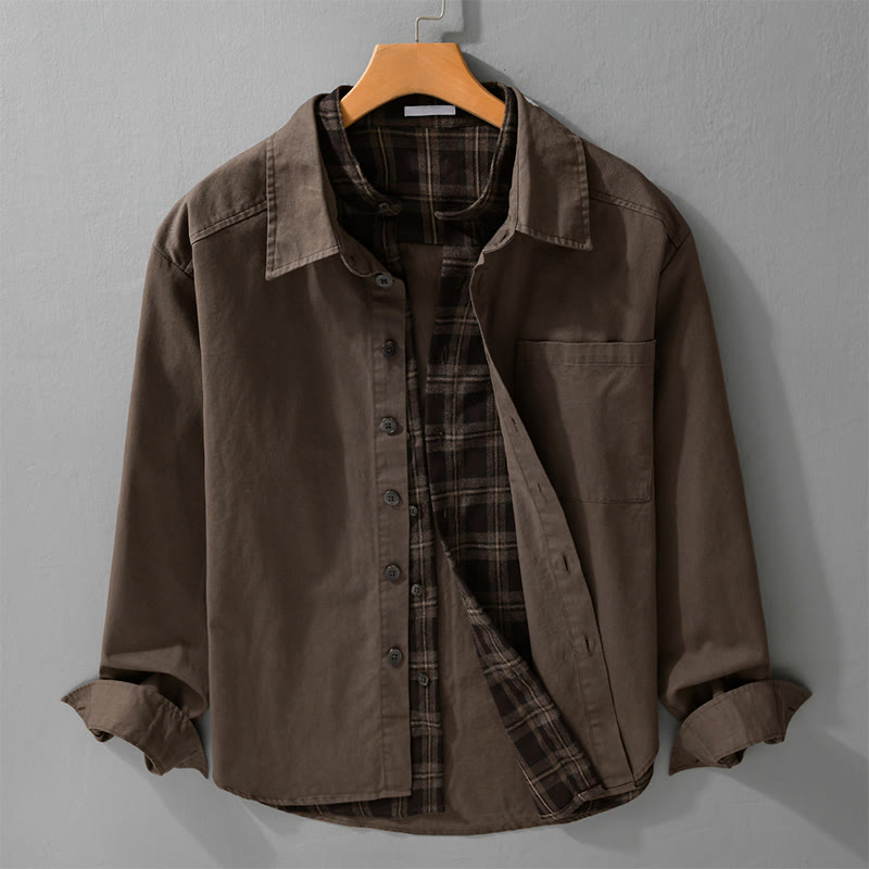 Buddha Stones春チェック柄フェイクツーピース長袖メンズコットンジャケットポケット付き - サドルブラウン - US/UK/AU42、 EU52 (3XL) - image 10