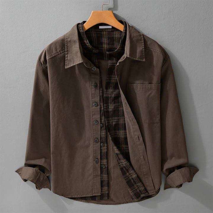 Buddha Stones春チェック柄フェイクツーピース長袖メンズコットンジャケットポケット付き - サドルブラウン - US/UK/AU42、 EU52 (3XL) - image 10