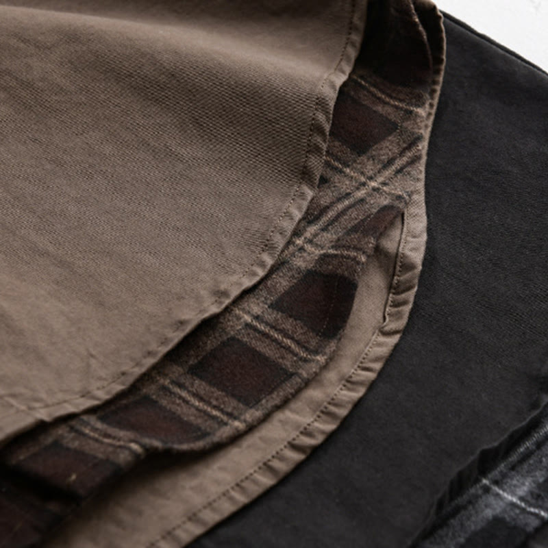 Buddha Stones春チェック柄フェイクツーピース長袖メンズコットンジャケットポケット付き - image 24