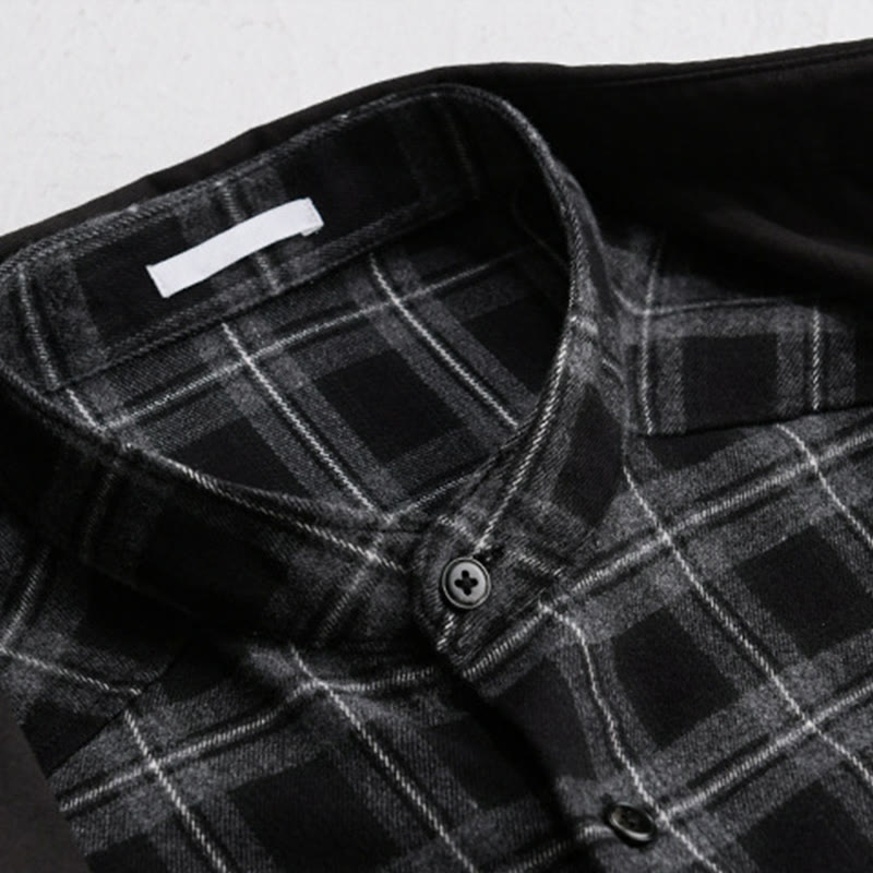 Buddha Stones春チェック柄フェイクツーピース長袖メンズコットンジャケットポケット付き - image 2