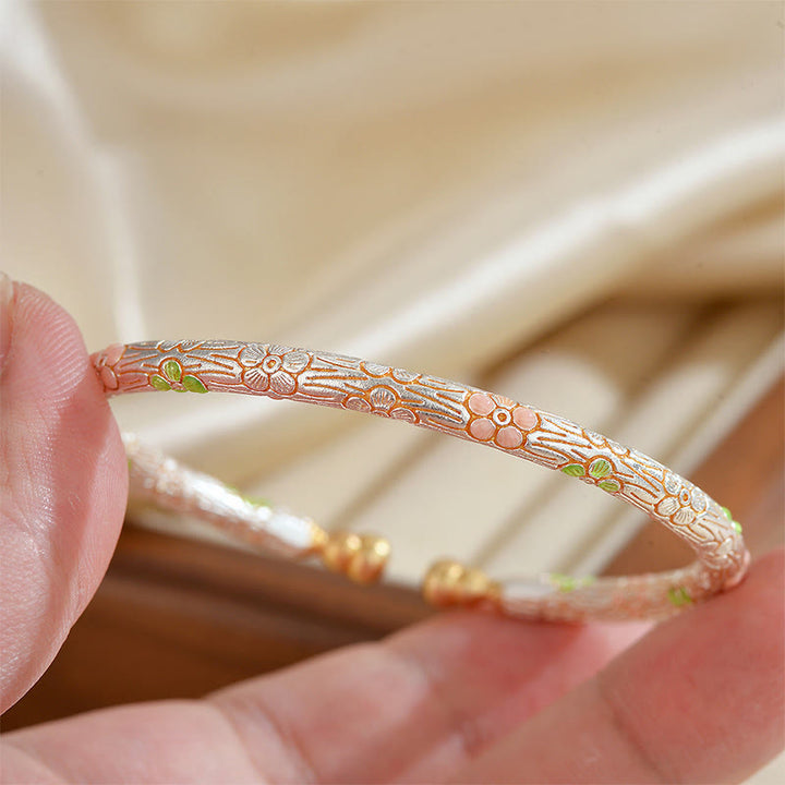 Buddha Stones銅製ハンドメイドエナメルフラワーオープン幸運ブレスレットバングル - image 3