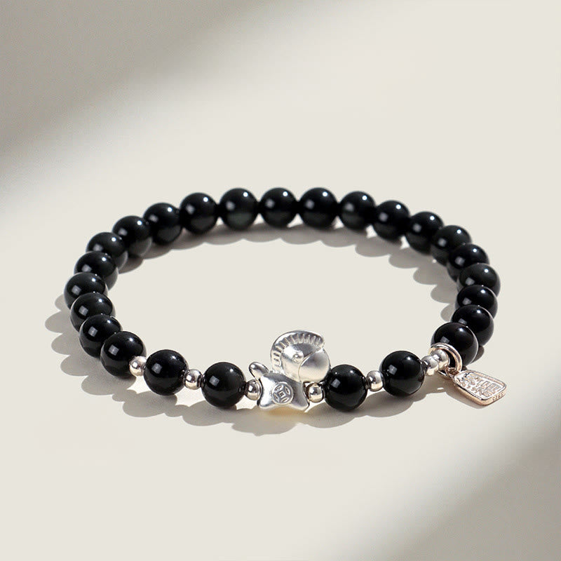 Buddha Stones午年 黒曜石 赤瑪瑙 ピンククリスタル シルバー 成就ブレスレット - ブラックオブシディアン（手首周り：14～15cm） - image 0