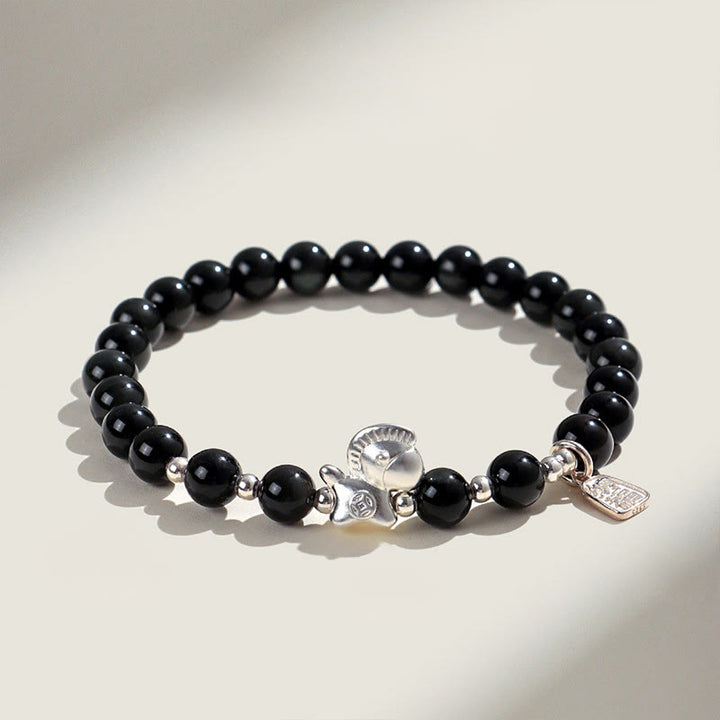 Buddha Stones午年 黒曜石 赤瑪瑙 ピンククリスタル シルバー 成就ブレスレット - ブラックオブシディアン（手首周り：14～15cm） - image 0