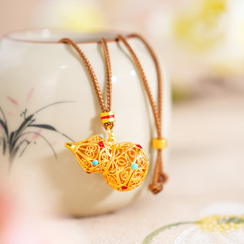 Buddha Stones中空ひょうたんデザイン 24Kゴールドメッキ 真鍮ロープネックレスペンダント - ひょうたん - image 1