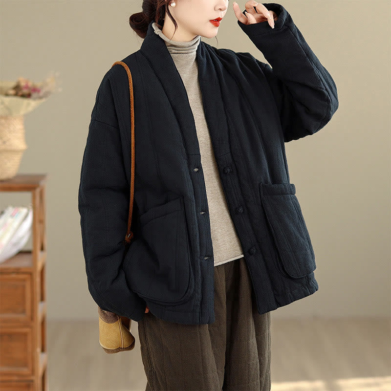 Buddha Stones冬用 無地 長袖 コットン レディース サーマルジャケット ポケット付き - 黒 - US12、 UK/AU16、 EU44 (2XL) - image 16