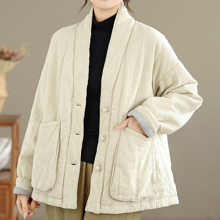 Buddha Stones冬用 無地 長袖 コットン レディース サーマルジャケット ポケット付き - image 2