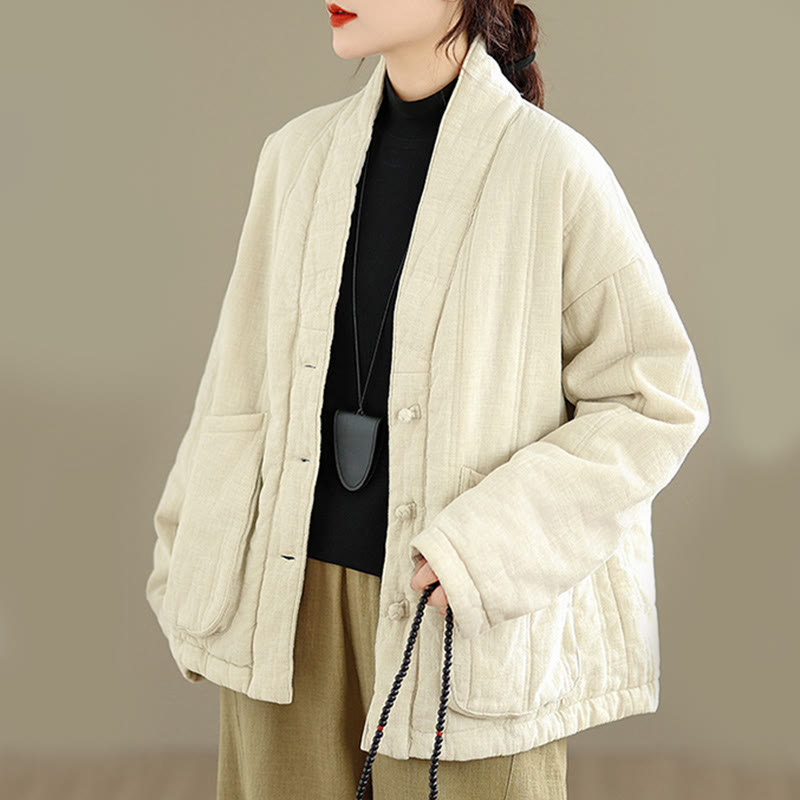 Buddha Stones冬用 無地 長袖 コットン レディース サーマルジャケット ポケット付き - ベージュ - US12、 UK/AU16、 EU44 (2XL) - image 0