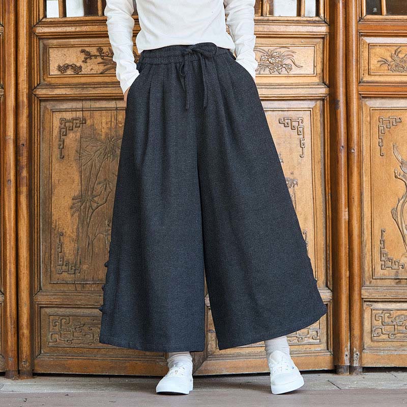 Buddha Stones冬用 中国風 カエルボタンデザイン コーデュロイ サーマル メンズ ワイドレッグパンツ ポケット付き - 黒 - US/UK/AU46、 EU56 (5XL) - image 1