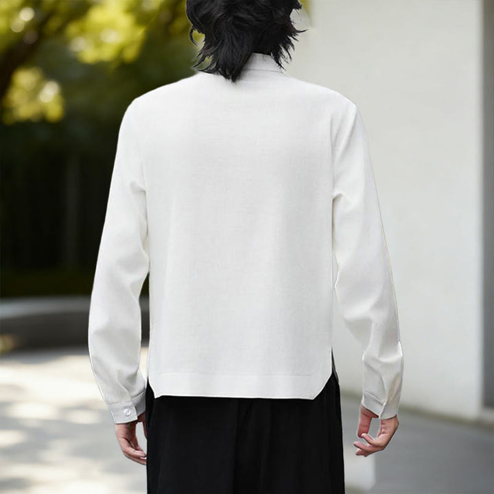 Buddha Stonesの無地ホワイトメンズ長袖コットンリネンシャツ - image 3