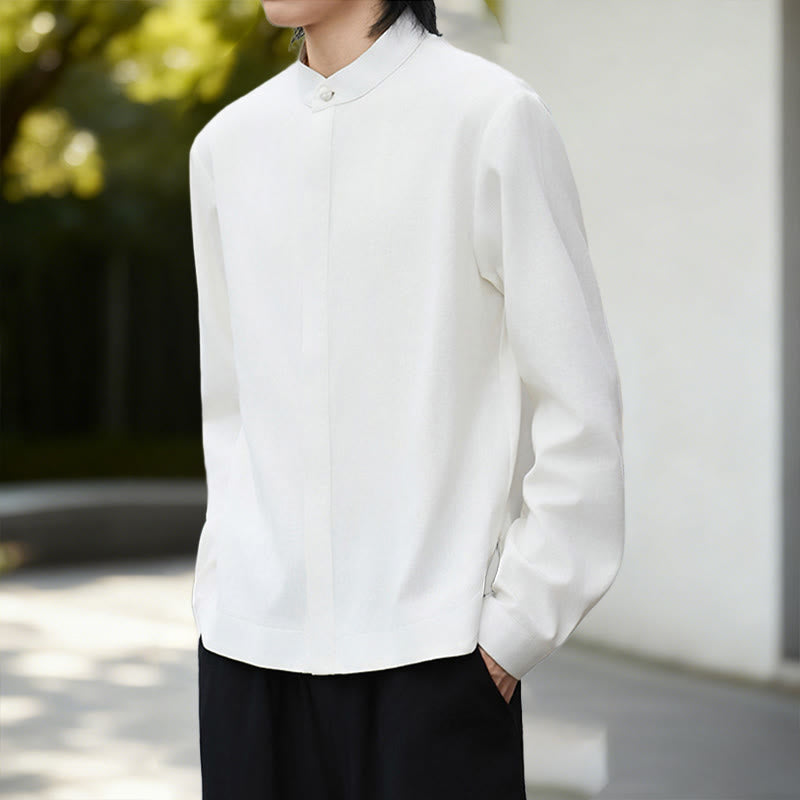 Buddha Stonesの無地ホワイトメンズ長袖コットンリネンシャツ - image 6
