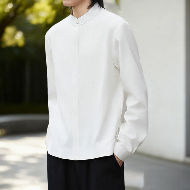 Buddha Stonesの無地ホワイトメンズ長袖コットンリネンシャツ - image 6