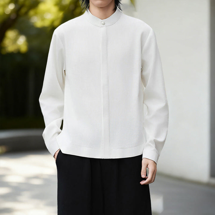 Buddha Stones秋冬 無地 ホワイト メンズ 長袖 コットン リネン シャツ コーデュロイ 着物 - image 1