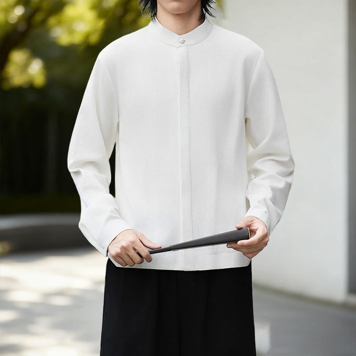 Buddha Stonesの無地ホワイトメンズ長袖コットンリネンシャツ - 白いシャツ - US/UK/AU46、 EU56 (5XL) - image 0