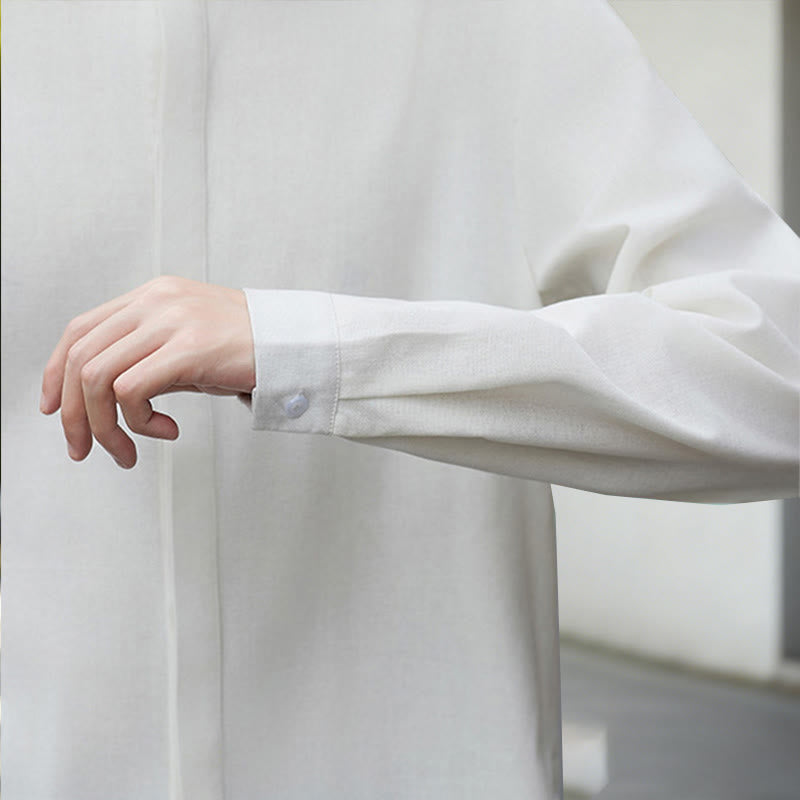 Buddha Stones秋冬 無地 ホワイト メンズ 長袖 コットン リネン シャツ コーデュロイ 着物 - image 9