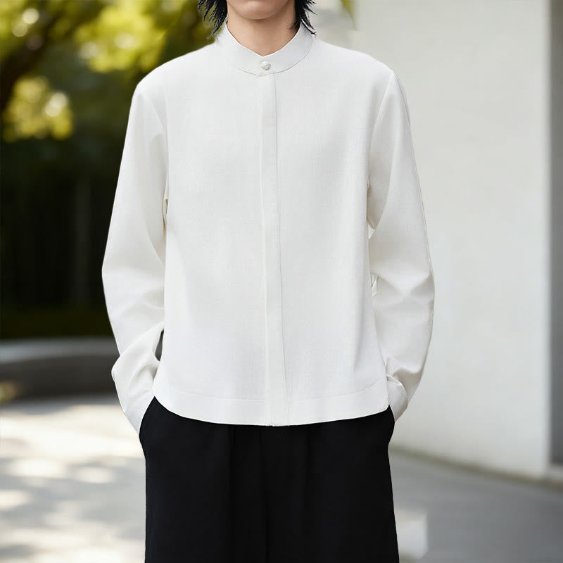 Buddha Stonesの無地ホワイトメンズ長袖コットンリネンシャツ - image 4