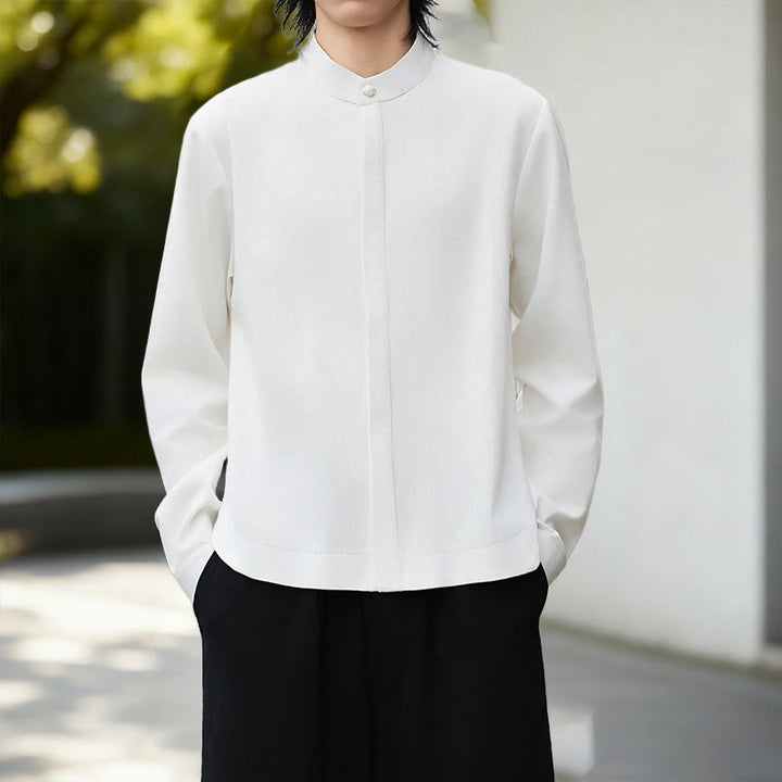 Buddha Stonesの無地ホワイトメンズ長袖コットンリネンシャツ - image 4