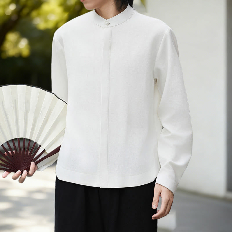 Buddha Stones秋冬 無地 ホワイト メンズ 長袖 コットン リネン シャツ コーデュロイ 着物 - image 2