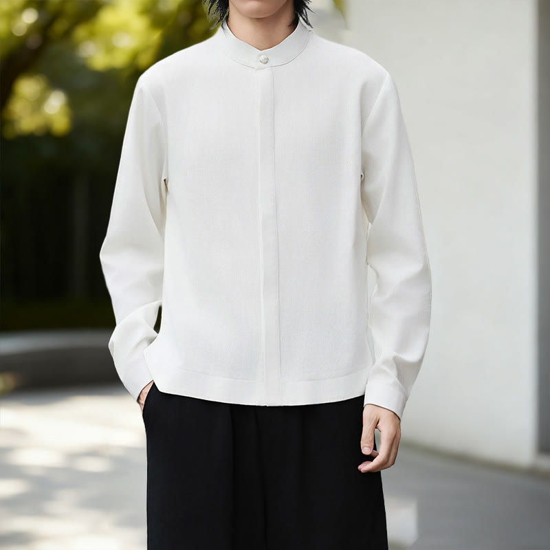 Buddha Stonesの無地ホワイトメンズ長袖コットンリネンシャツ - image 1