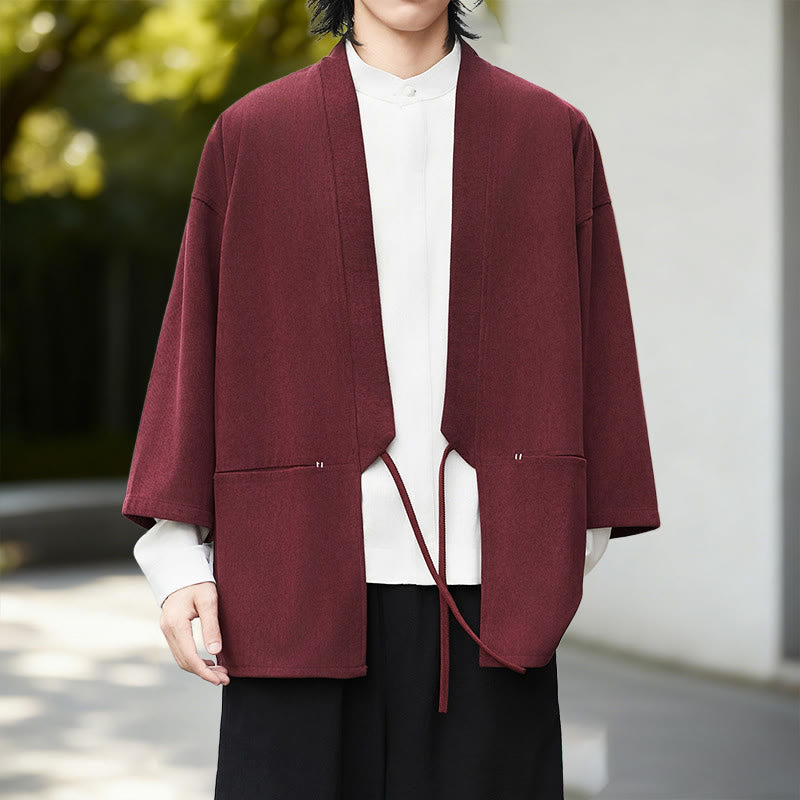 Buddha Stones無地 オープンフロント 長袖 コーデュロイ ジャケット メンズ 着物 コットン リネン シャツ - ダークレッドの着物 - US/UK/AU46、 EU56 (5XL) - image 7