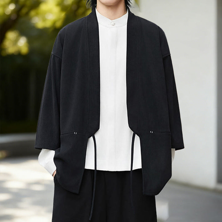 Buddha Stones無地 オープンフロント 長袖 コーデュロイ ジャケット メンズ 着物 コットン リネン シャツ - image 1