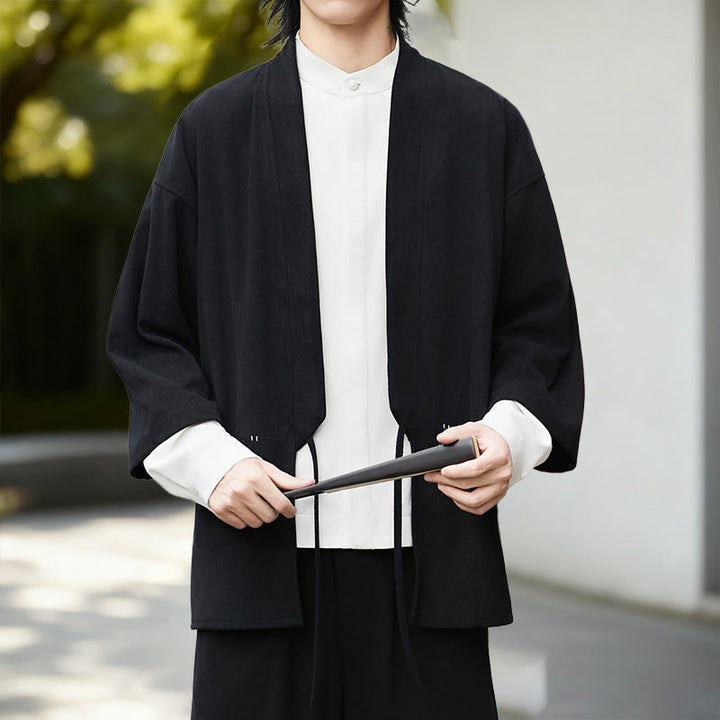 Buddha Stones秋冬 無地 ホワイト メンズ 長袖 コットン リネン シャツ コーデュロイ 着物 - 黒の着物 - US/UK/AU46、 EU56 (5XL) - image 10