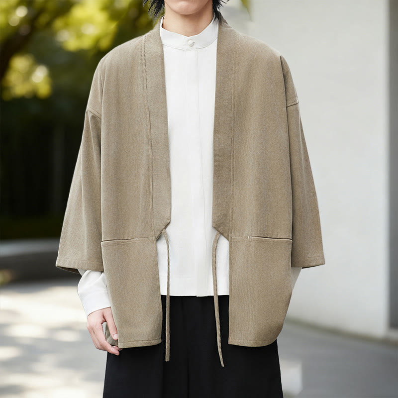 Buddha Stones秋冬 無地 ホワイト メンズ 長袖 コットン リネン シャツ コーデュロイ 着物 - 小麦着物 - US/UK/AU46、 EU56 (5XL) - image 14