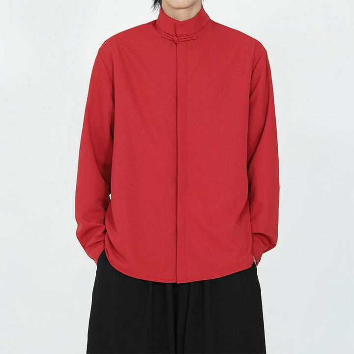 Buddha Stones無地 カエルボタン 長袖 コットン メンズシャツ - 赤 - US/UK/AU46、 EU56 (5XL) - image 10